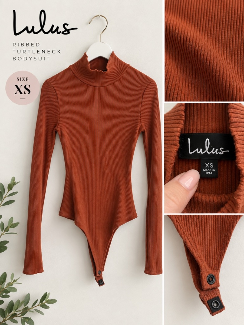 NWOT Lulus Rust Orange Ribbed Turtleneck Long Sleeve Bodysuit XS